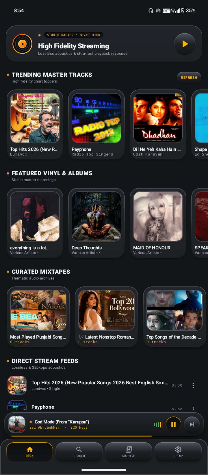 Pulse Music home screen with trending albums, curated mixes, and a playing track