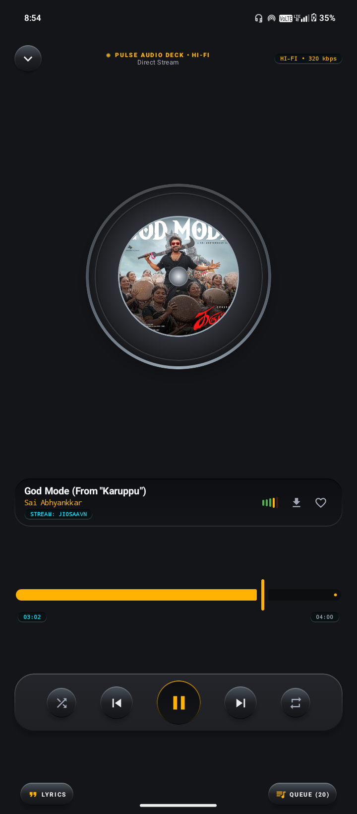 Pulse Music now playing screen with album art, lyrics, and playback controls