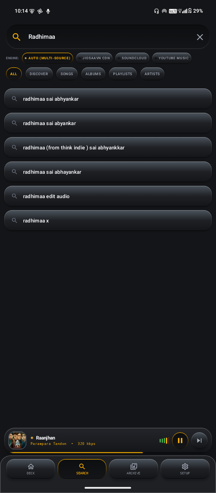 Pulse Music search screen with provider results